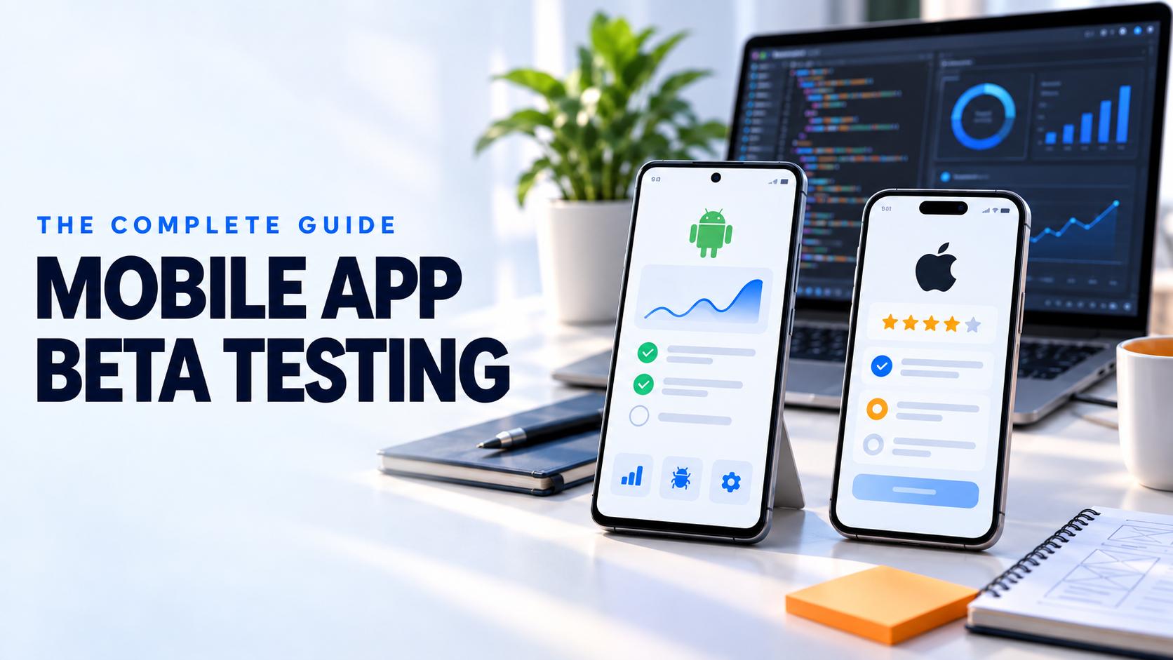 Android and iOS phones in a professional mobile app beta testing workspace
