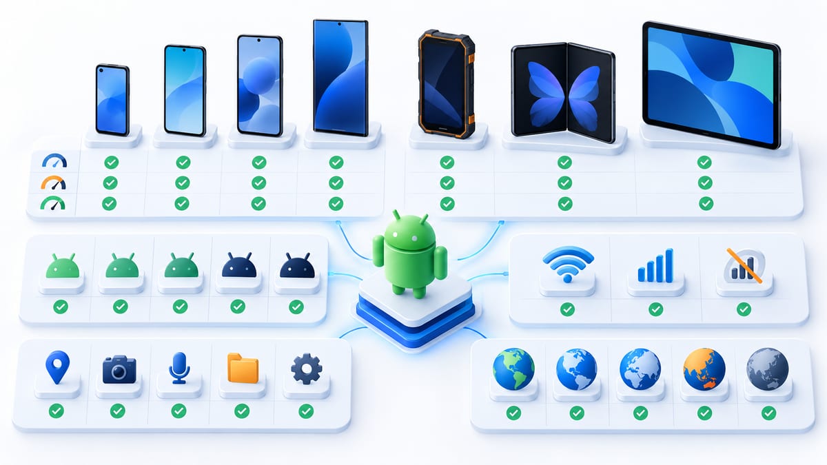 Android device coverage matrix showing device types, performance tiers, network states, permissions, and locales