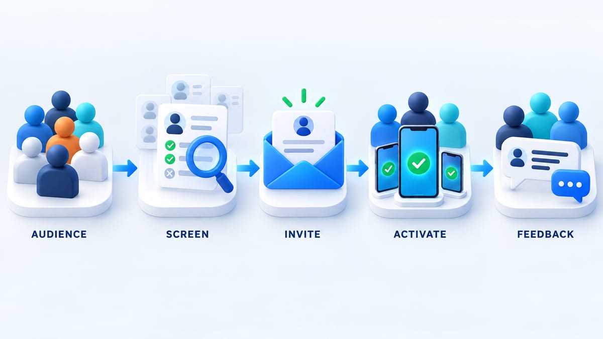 Beta tester recruitment funnel from audience screening and invitation to activation and feedback
