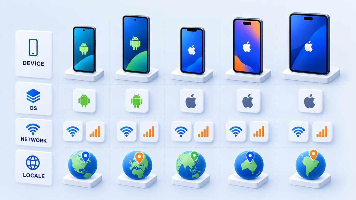 Cross platform mobile test matrix covering devices operating systems networks and locales
