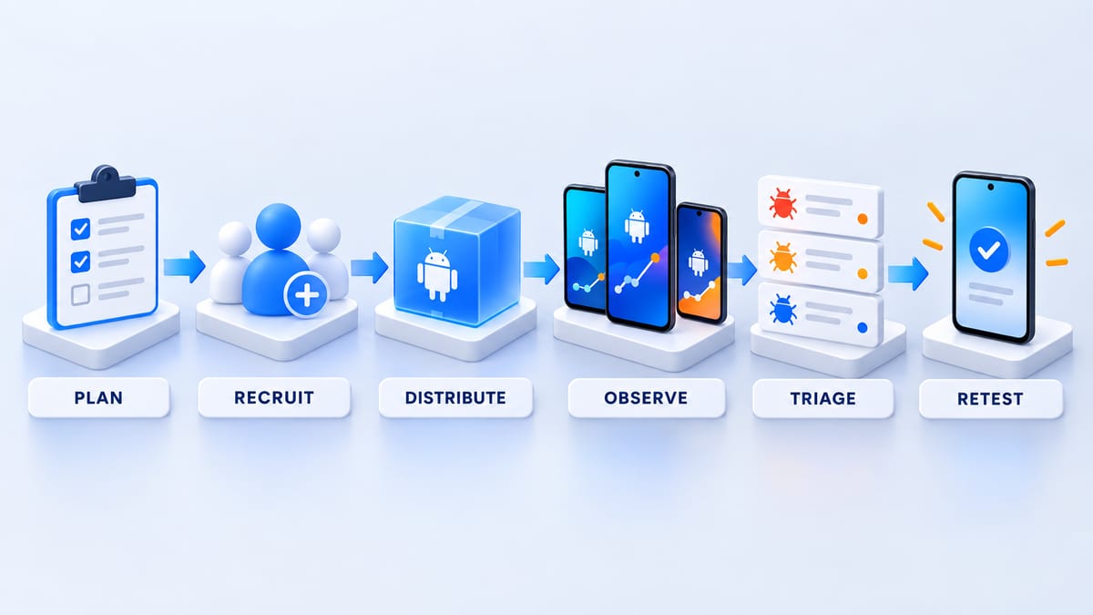 Six stage mobile app beta testing process from planning through retesting