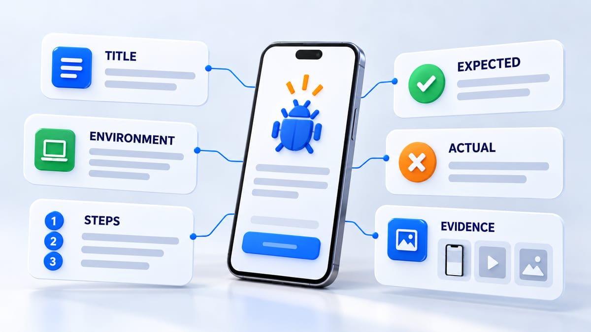 Anatomy of a mobile app bug report with title environment steps expected result actual result and evidence