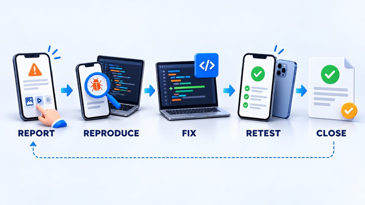 Mobile app bug lifecycle from report and reproduction through fix retest and closure