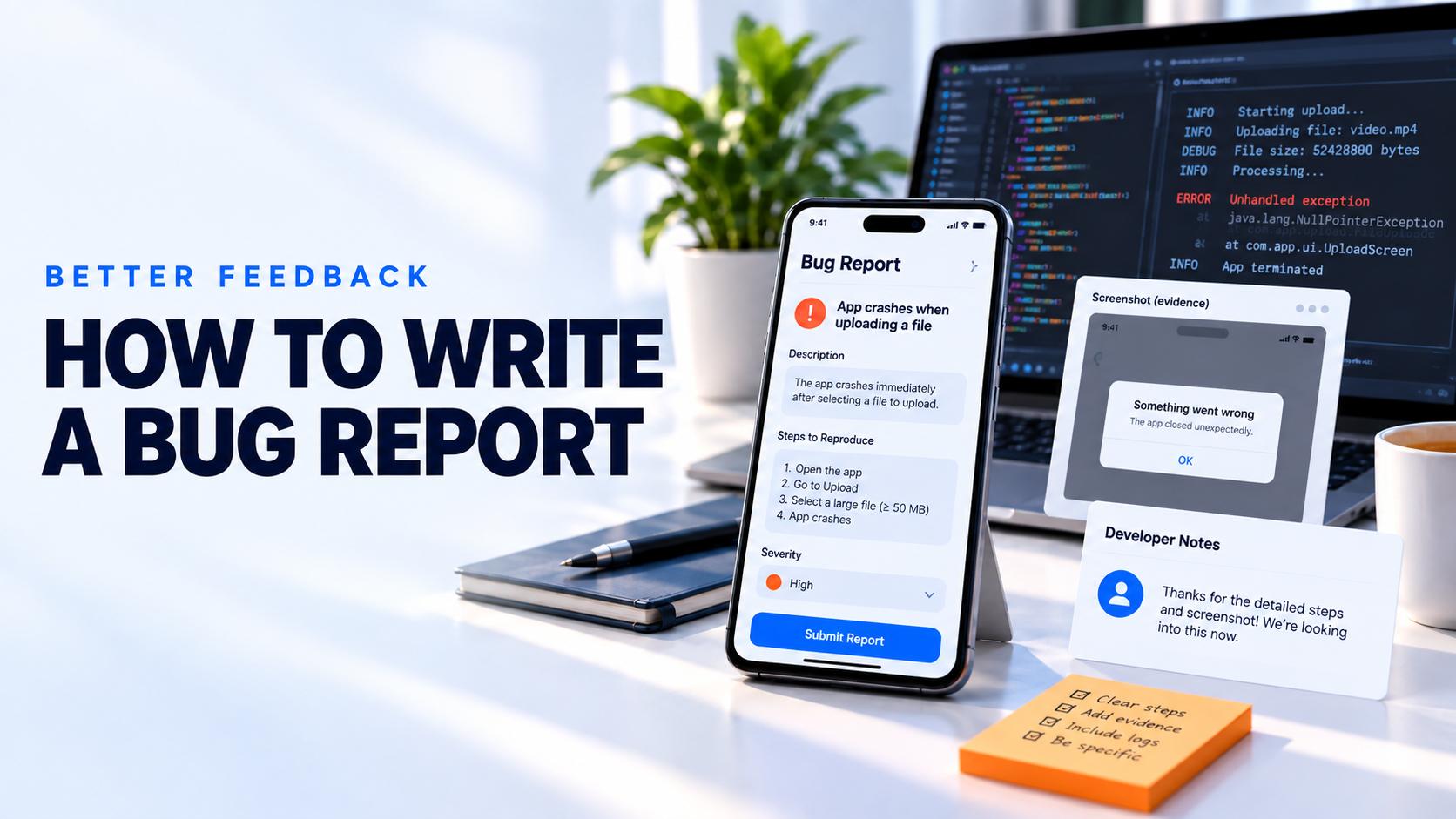Mobile app bug report with reproduction steps screenshot evidence and developer logs