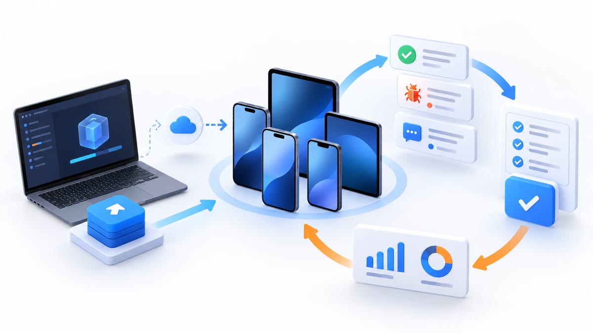 iOS beta testing workflow from a developer build through devices, feedback, and release review