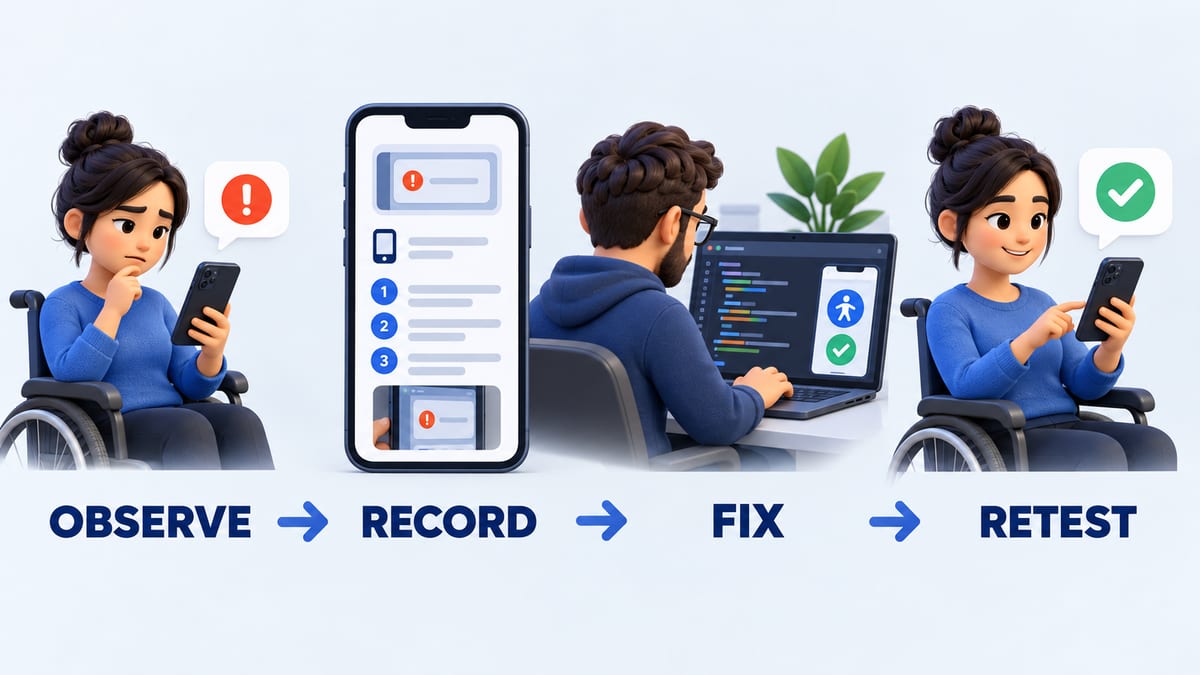 Accessibility testing feedback loop from observation and evidence through fix and retest