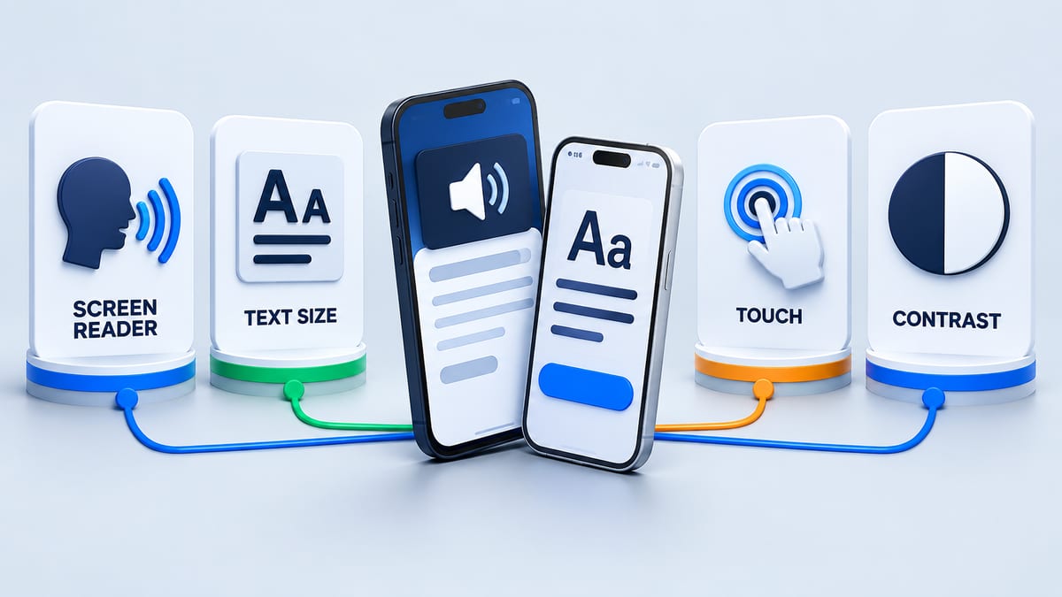 Illustrated mobile accessibility test matrix for screen readers, text size, touch interaction, and contrast