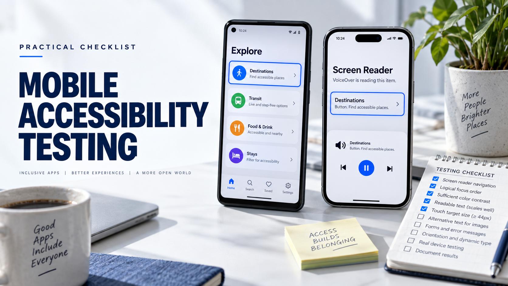 Android and iPhone accessibility testing workspace with screen reader focus and a practical checklist