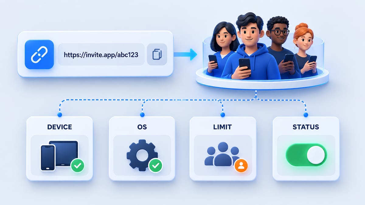 Illustrated public link controls for eligible devices, operating systems, tester limit, and link status