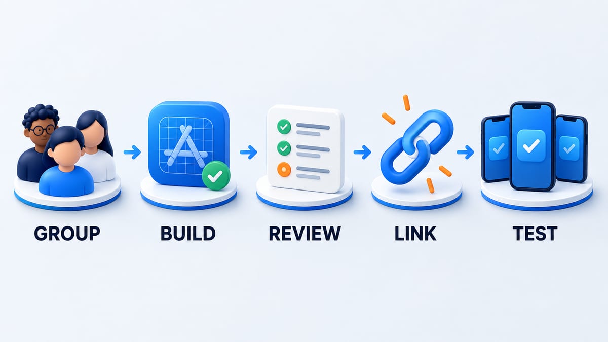 Illustrated TestFlight public link workflow from external tester group and build through review, link, and testing