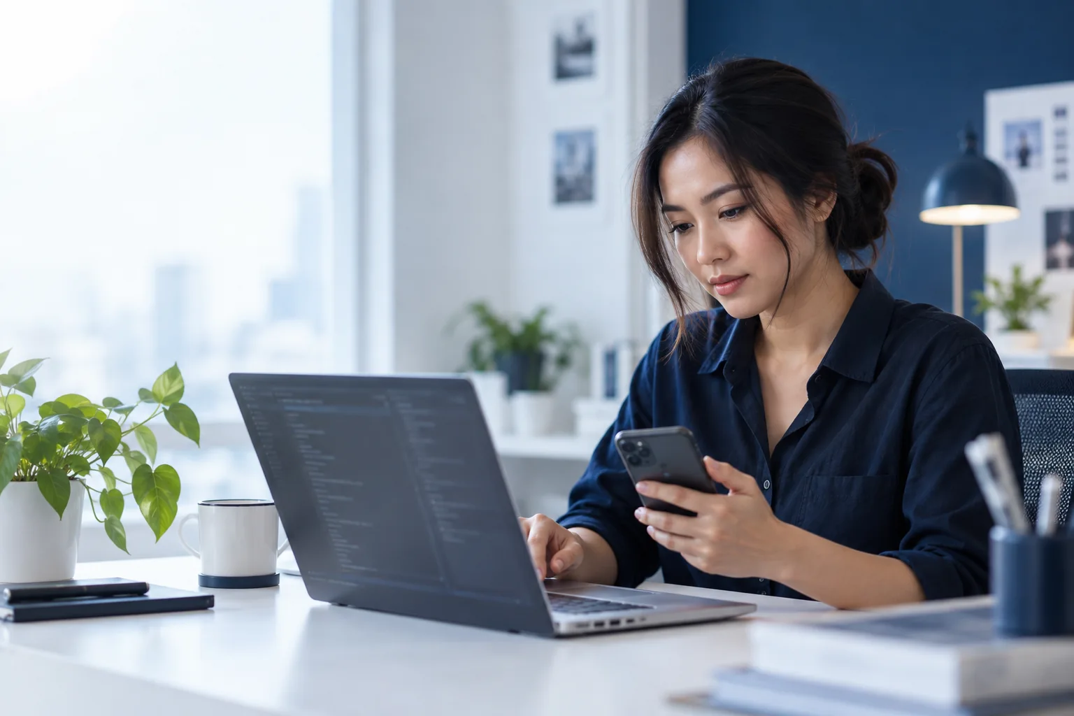 App developer reviewing a build on laptop and phone